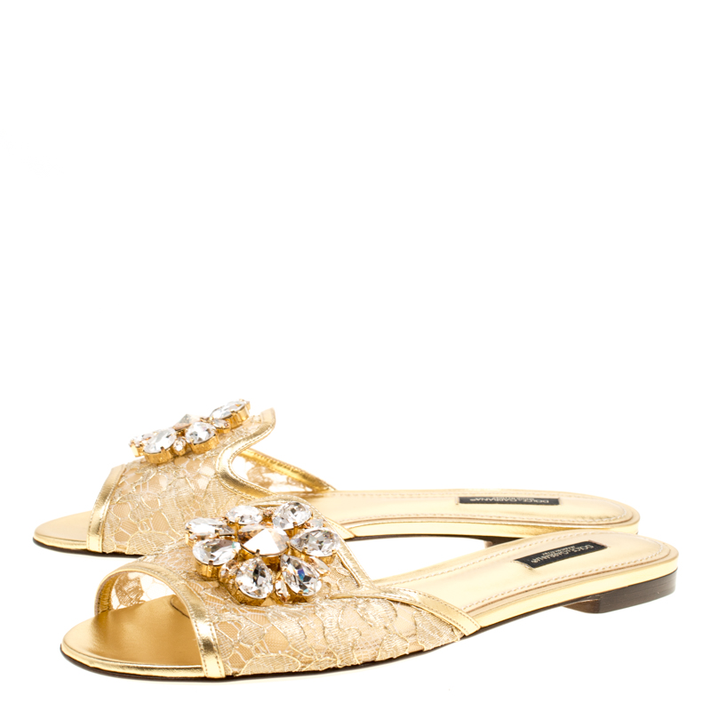 Pre Owned Dolce and Gabbana Metallic Gold Lace Sofia Crystal Embellished Flat Slides Size 39