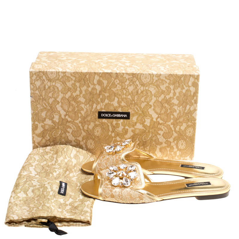 Pre Owned Dolce and Gabbana Metallic Gold Lace Sofia Crystal Embellished Flat Slides Size 39