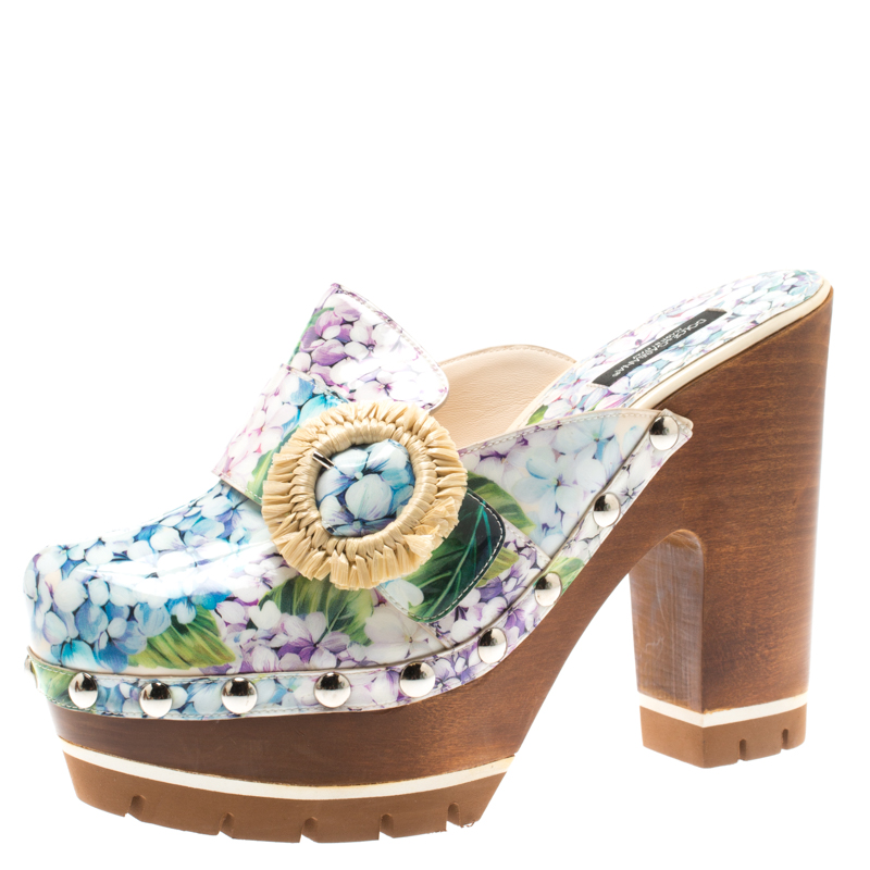 Pre Owned Dolce and Gabbana Multicolor Hydrangea Print Patent Leather Taormina Platform Clogs Size 39