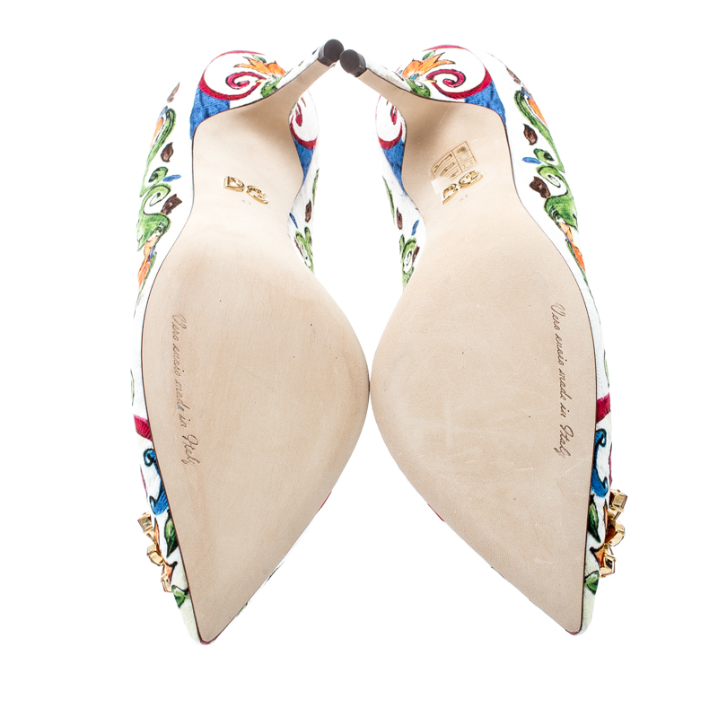 Pre Owned Dolce and Gabbana Multicolor Majolica Print Brocade Fabric Bellucci Crystal Embellished Pointed Toe Pumps Size 41