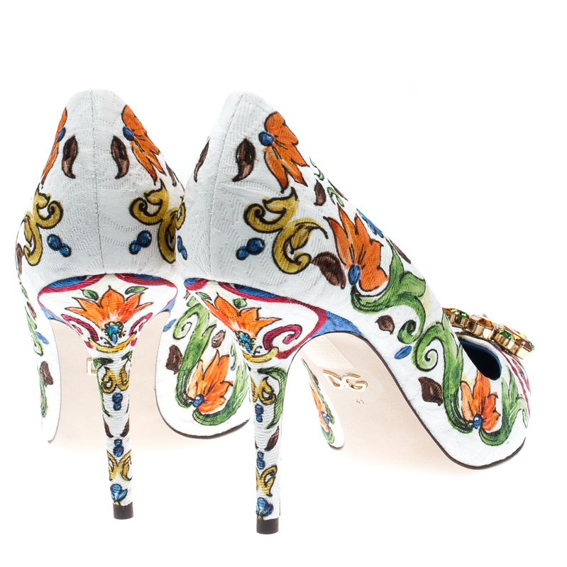 Pre Owned Dolce and Gabbana Multicolor Majolica Print Brocade Fabric Bellucci Crystal Embellished Pointed Toe Pumps Size 41