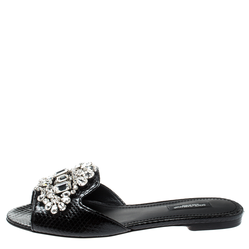 

Dolce and Gabbana Black Crystal Embellished Snakeskin Leather Bianca Flat Slides Size