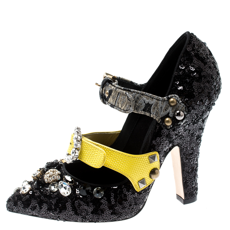 

Dolce and Gabbana Black Sequins Embellished Buckle Strap Crystals Mary Jane Pumps Size