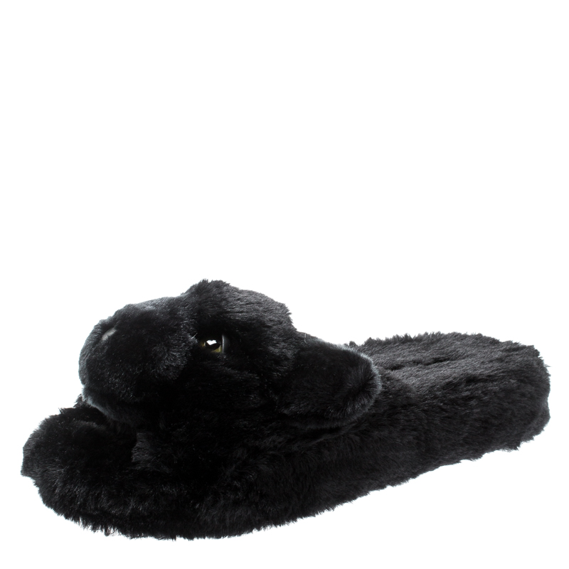 Dolce and Gabbana Black Faux Fur Panther Plush Flat Slides Size 39