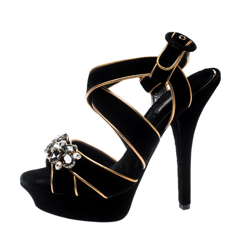 

Dolce & Gabbana Black Velvet Metallic Gold Leather Trim Crystal Embellished Cross Strap Platform Sandals Size