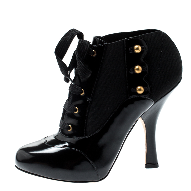 

Dolce & Gabbana Black Leather/Stretch Fabric Stud Detail Lace Up Ankle Booties Size