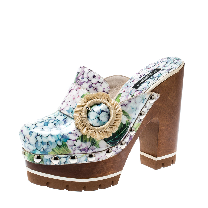 Pre Owned حذاء كلوغ دولتشي أند غابانا نعل سميك تاورمينا جلد لامع طباعة هيدرانغيا متعدد الألوان مقاس 36.5