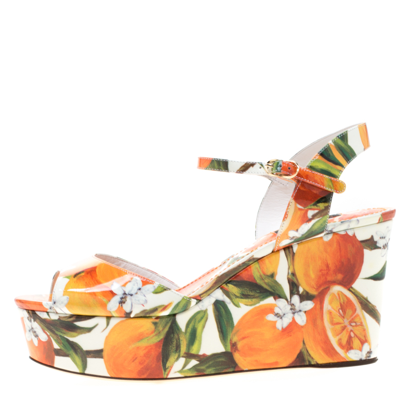 

Dolce and Gabbana Orange Print Patent Leather Ankle Strap Platform Wedge Sandals Size, Multicolor