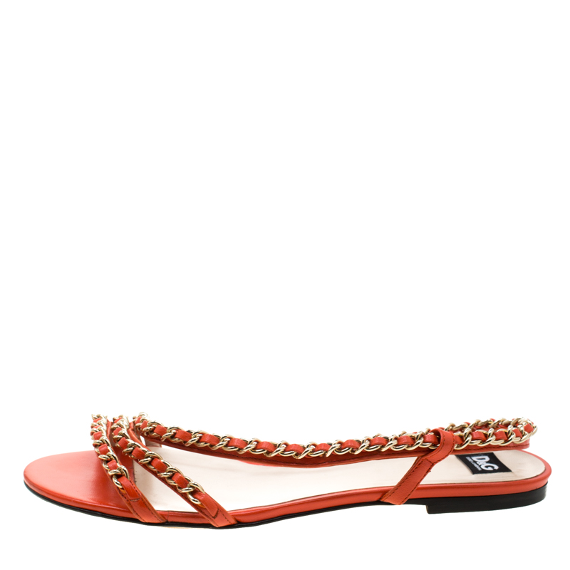 

Dolce & Gabbana Orange Leather Chain Slingback Flat Sandals Size
