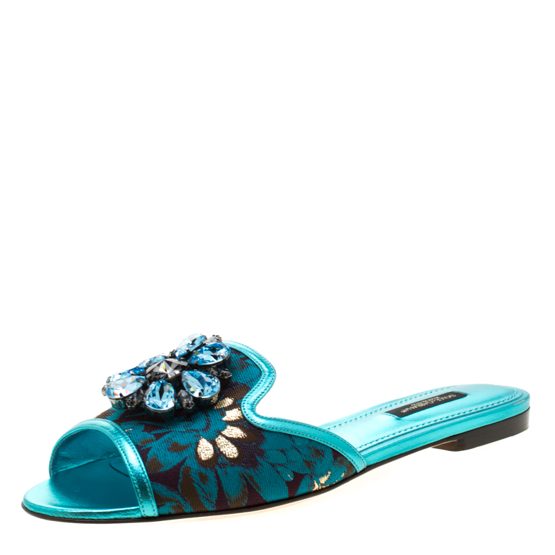 Dolce and Gabbana Metallic Blue Brocade Fabric Sofia Crystal Embellished Flat Slides Size 37