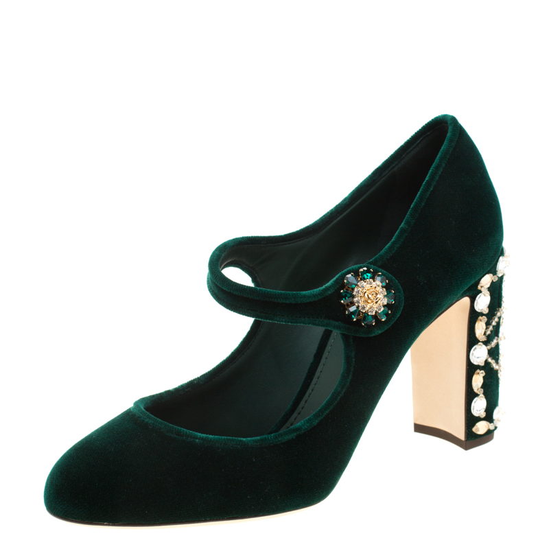 Dolce and Gabbana Green Velvet Crystal Embellished Heel Mary Jane Pumps ...