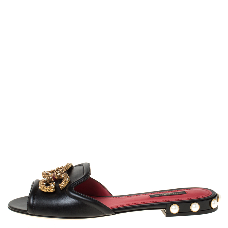 

Dolce and Gabbana Black Leather Faux Pearl Trim Flat Slides Size