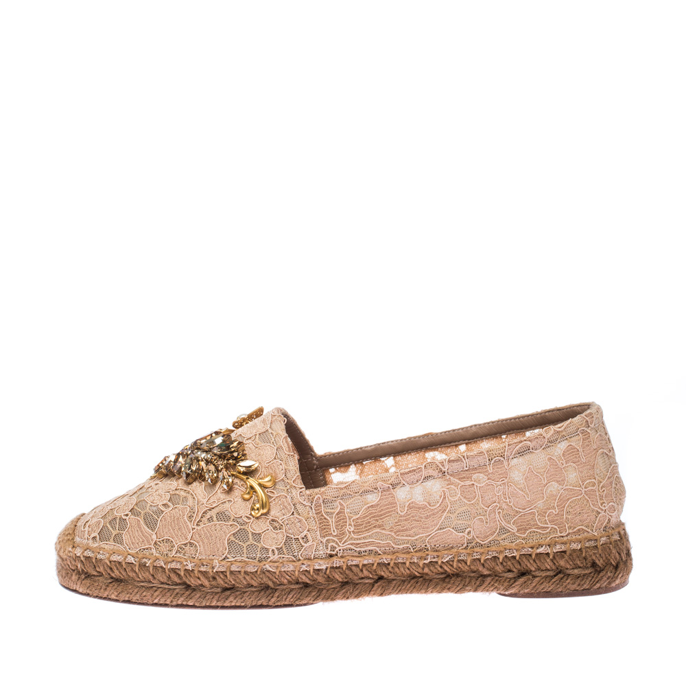 

Dolce & Gabbana Beige Lace Embellished Espadrilles Size