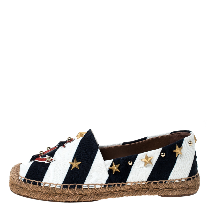 

Dolce and Gabbana Blue/White Striped Brocade Fabric Star Studded Espadrilles Size