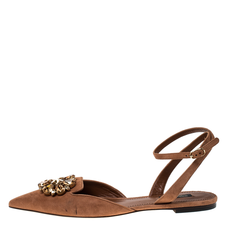 

Dolce and Gabbana Brown Suede Crystal Embellished Ankle Strap Flats Size