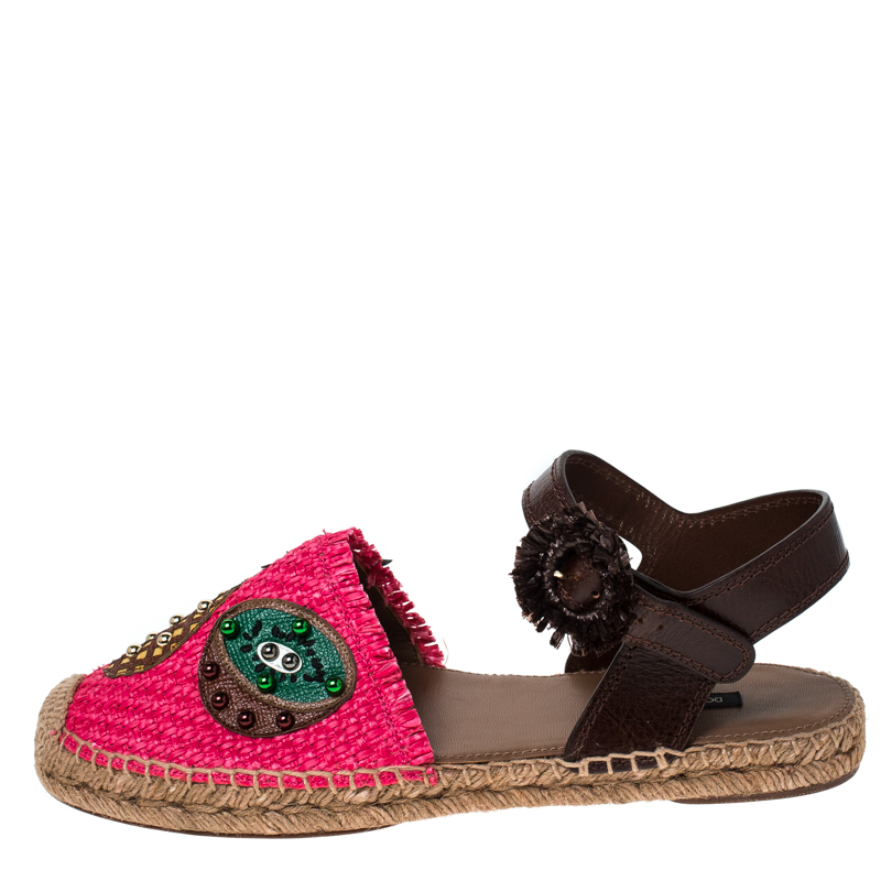 

Dolce & Gabbana Pink Raffia And Brown Leather Pineapple Kiwi Patch Espadrilles Size