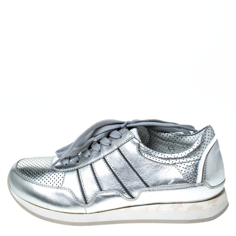 

Dolce & Gabbana Metallic Silver Leather Lace Up Sneakers Size