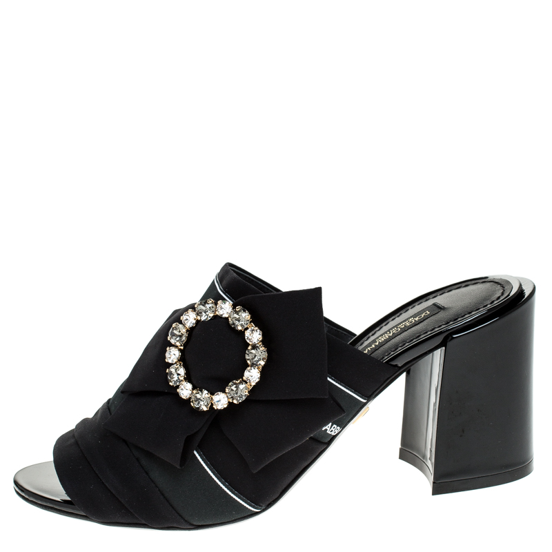 

Dolce & Gabbana Black Satin Crystal Embellished Bow Open Toe Mules Size