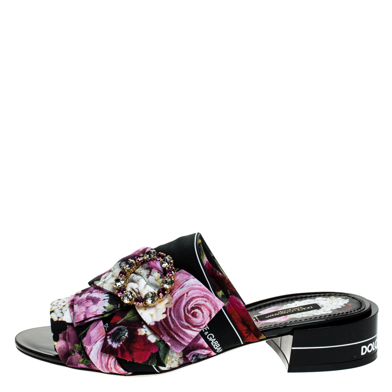 

Dolce & Gabbana Multicolor Floral Printed Fabric Crystal Embellished Bow Open Toe Flat Mules Size