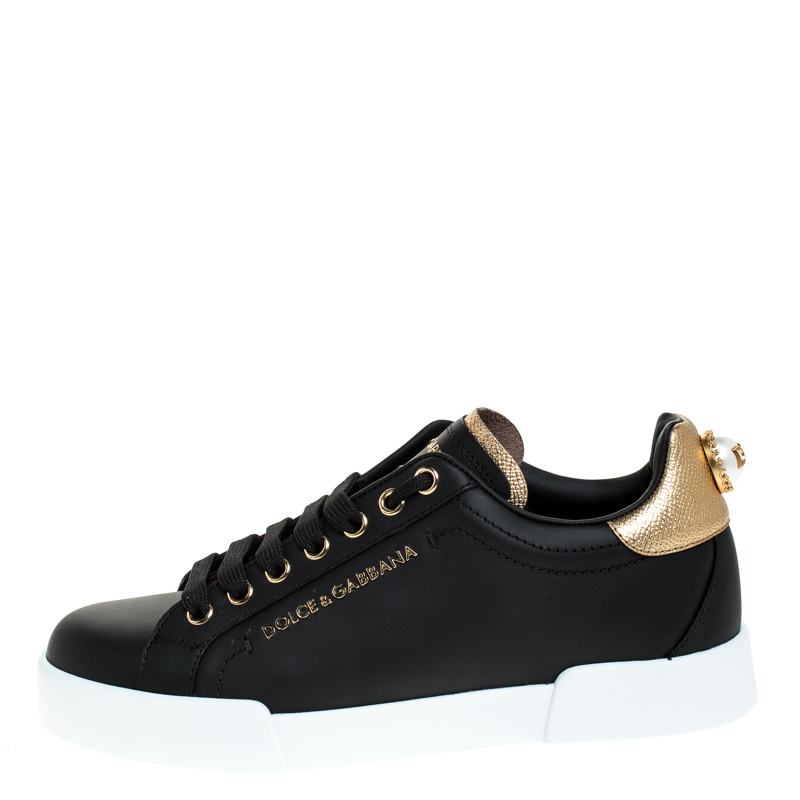 

Dolce & Gabbana Black Leather Portofino Pearl Embellished Low Top Sneakers Size