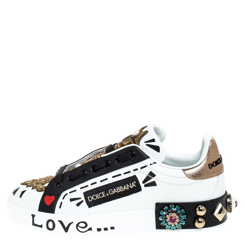

Dolce & Gabbana White/Black Leather Portofin Embellished Low Top Sneakers Size