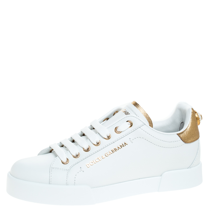 Dolce and Gabbana White/Gold Leather Portofino Pearl Embellished Low ...