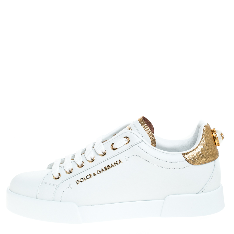 

Dolce and Gabbana White/Gold Leather Portofino Pearl Embellished Low Top Sneakers Size