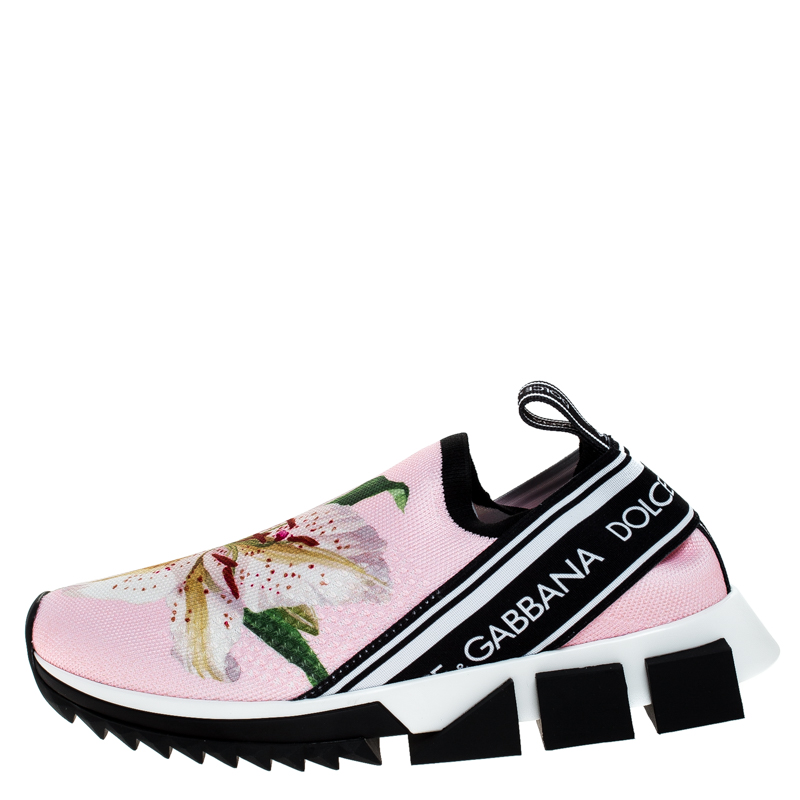 купить Dolce and Gabbana Pink Floral Stretch Fabric Sorrento Slip-On Sneake...