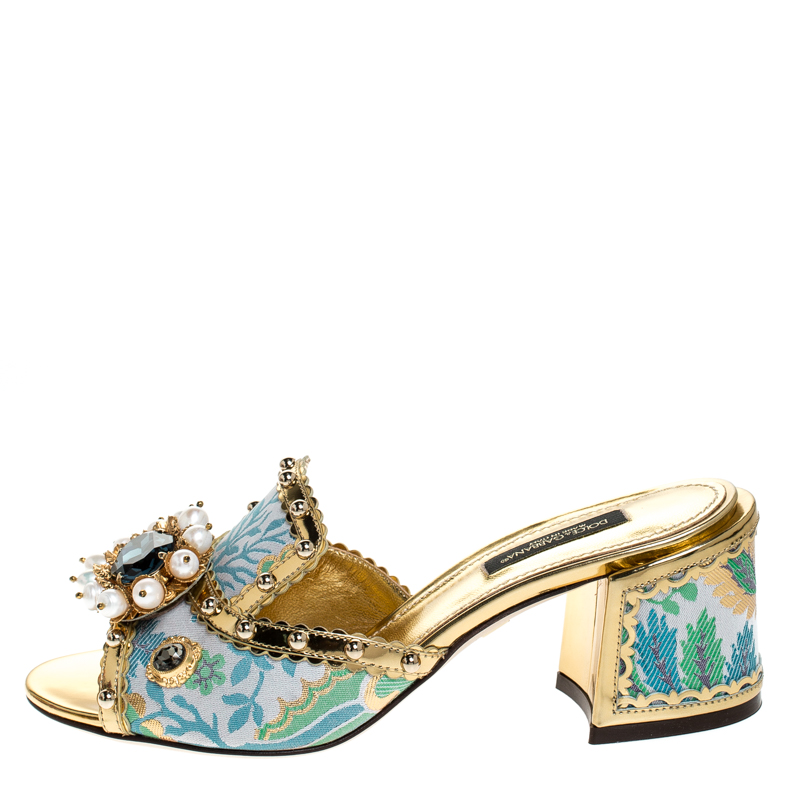

Dolce and Gabbana Multicolor Brocade Fabric And Patent Leather Trim Crystal Embellished Open Toe Sandals Size