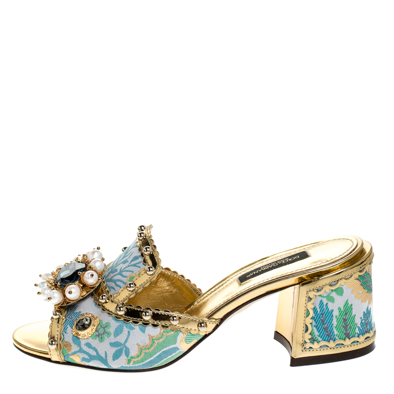 

Dolce & Gabbana Multicolor Brocade Fabric And Patent Leather Trim Crystal Embellished Open Toe Sandals Size