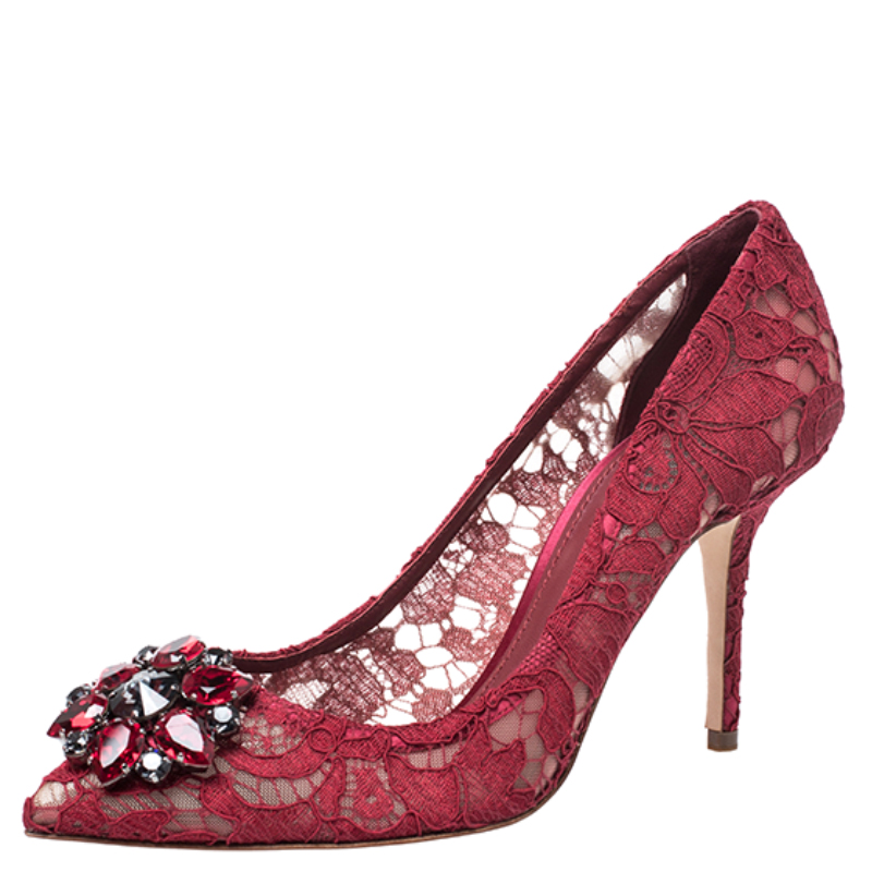 Dolce and Gabbana Red Crystal Embellished Lace Belluci Pumps Size 39