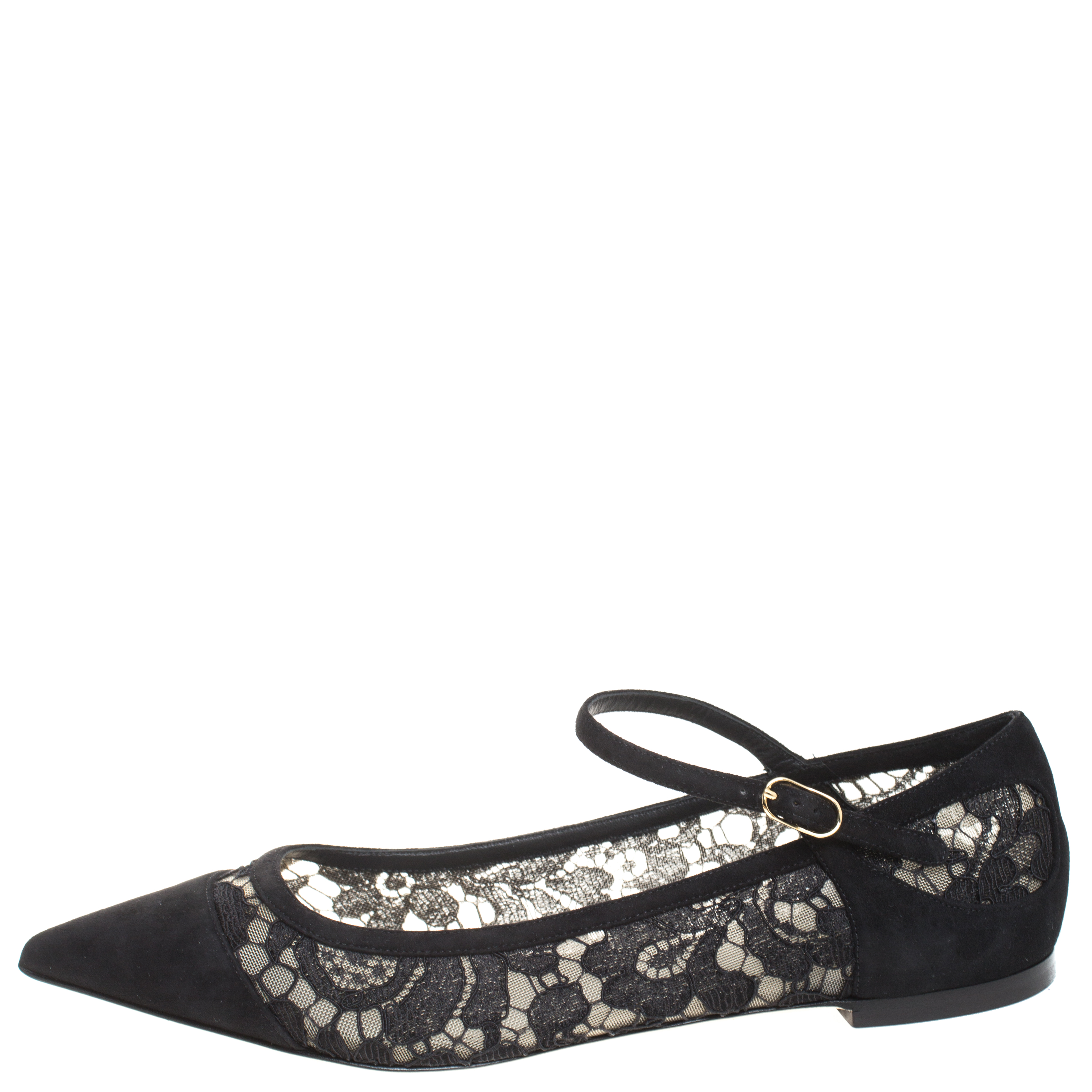

Dolce and Gabbana Black Lace And Suede Mary Jane Pointed Toe Ballerina Size