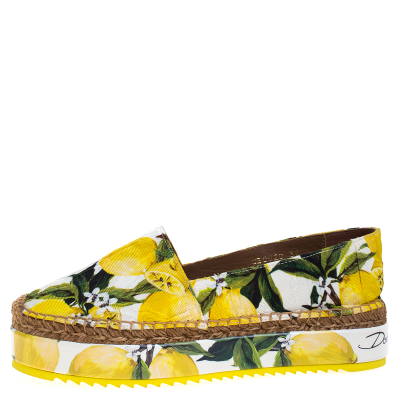 

Dolce & Gabbana Yellow/Green Lemon Print Fabric Platform Espadrille Flats Size