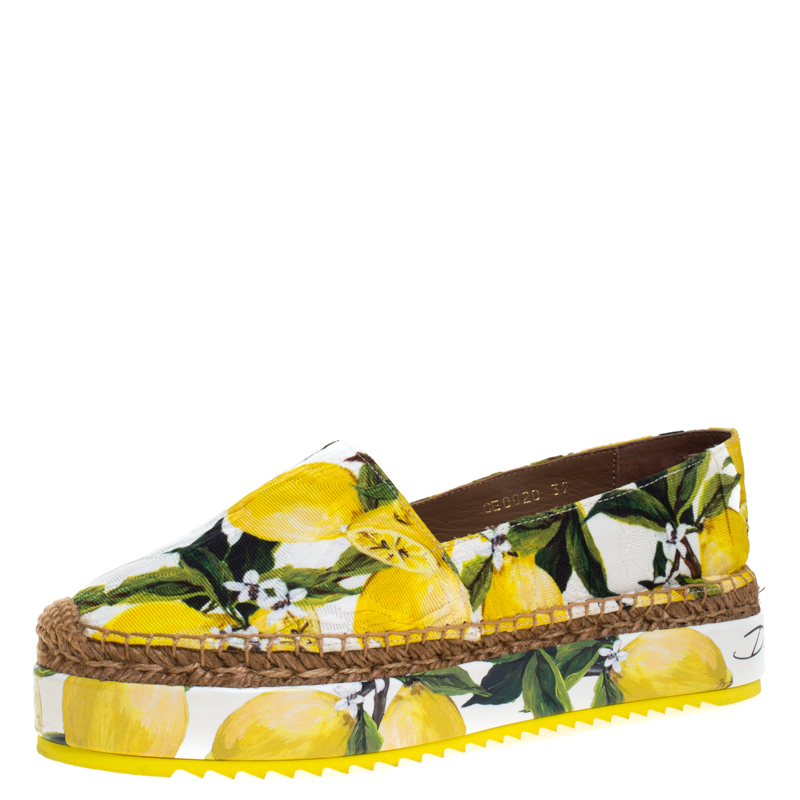 Pre Owned Dolce & Gabbana Yellow/Green Lemon Print Fabric Platform Espadrille Flats Size 39