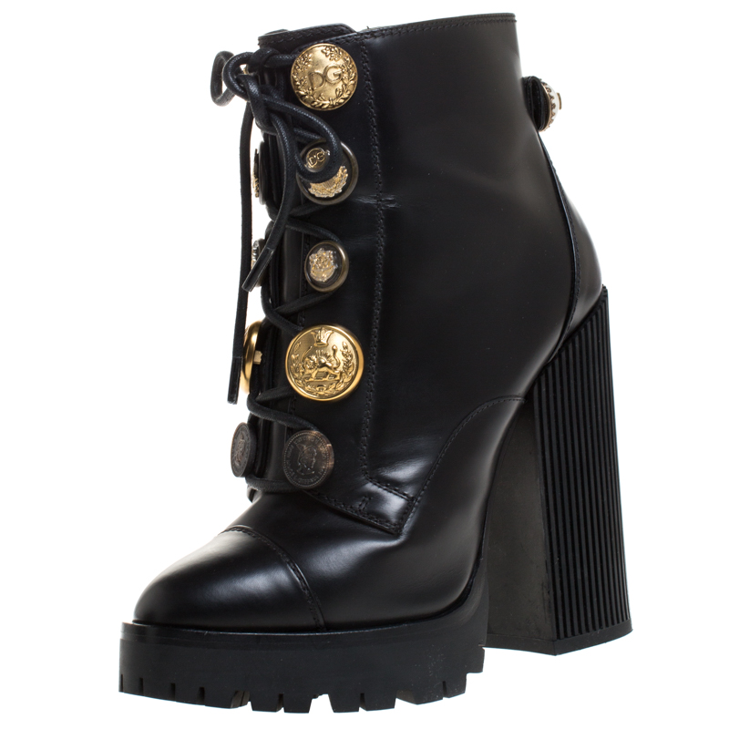 Pre-owned Dolce & Gabbana Black Leather Embellished Biker Platform Block Heel Boots Size 37