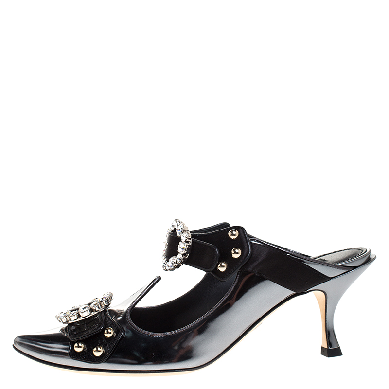 

Dolce & Gabbana Black Leather And Satin Embellished Buckle Detail Pointed Toe Sandals Size, Grey
