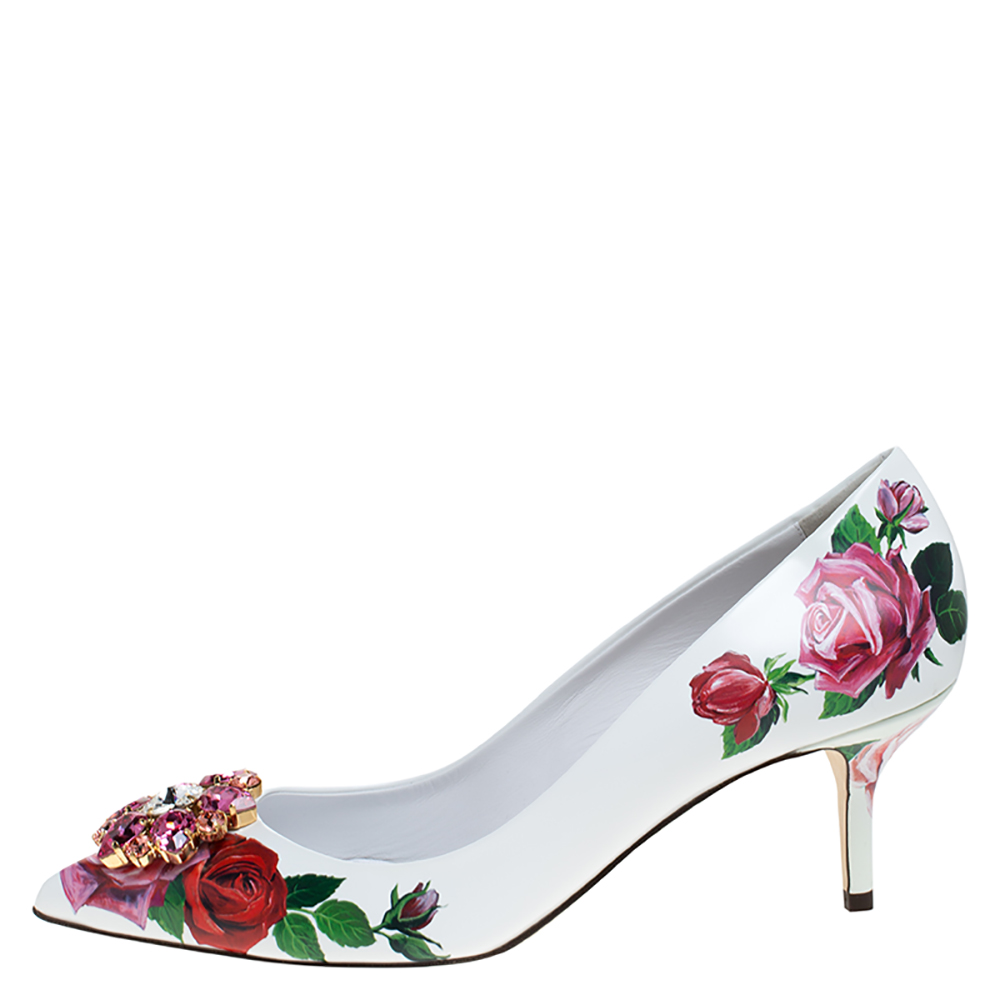 

Dolce & Gabbana White Leather Jeweled Floral Print Pointed Toe Pumps Size