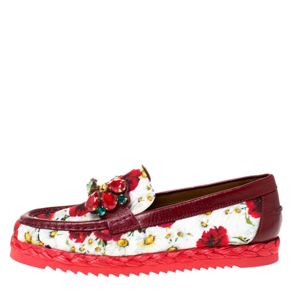 

Dolce & Gabbana Red Brocade Fabric Crystal Embellished Loafers Size