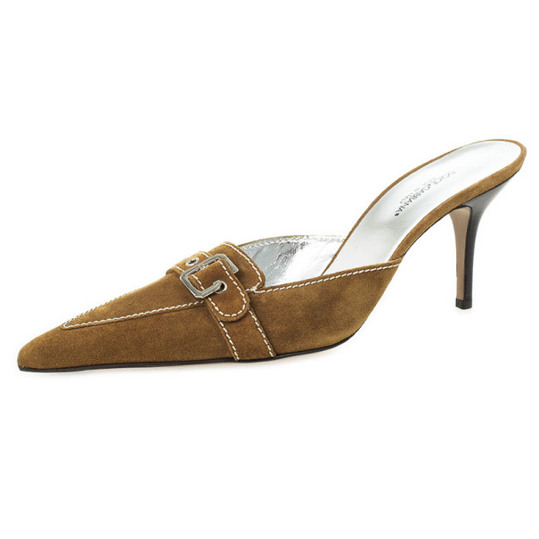 Pre Owned Dolce and Gabbana Brown Suede Buckle Mules Size 41