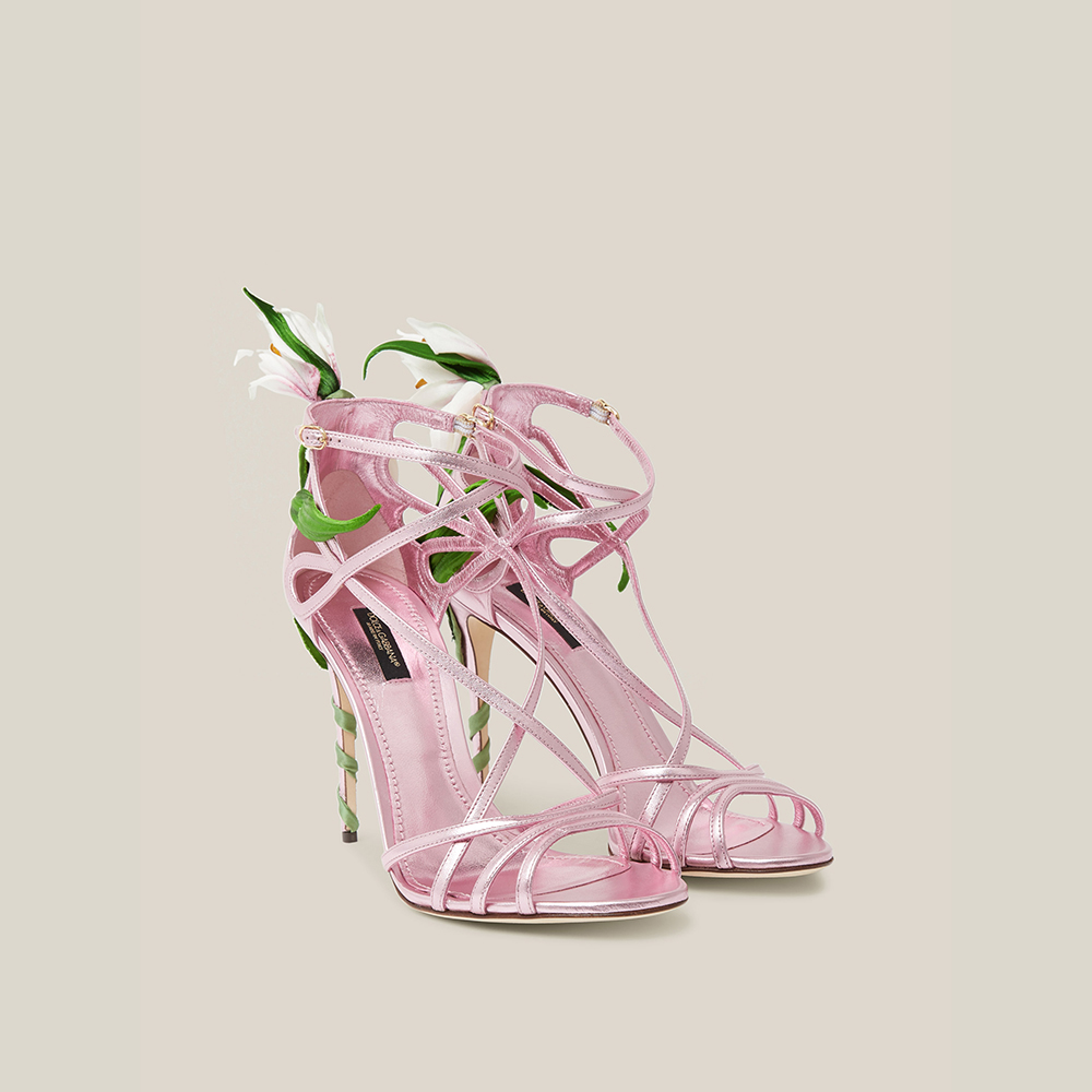 

Dolce & Gabbana Pink Lily-Appliquéd Metallic High Heel Leather Sandals Size IT