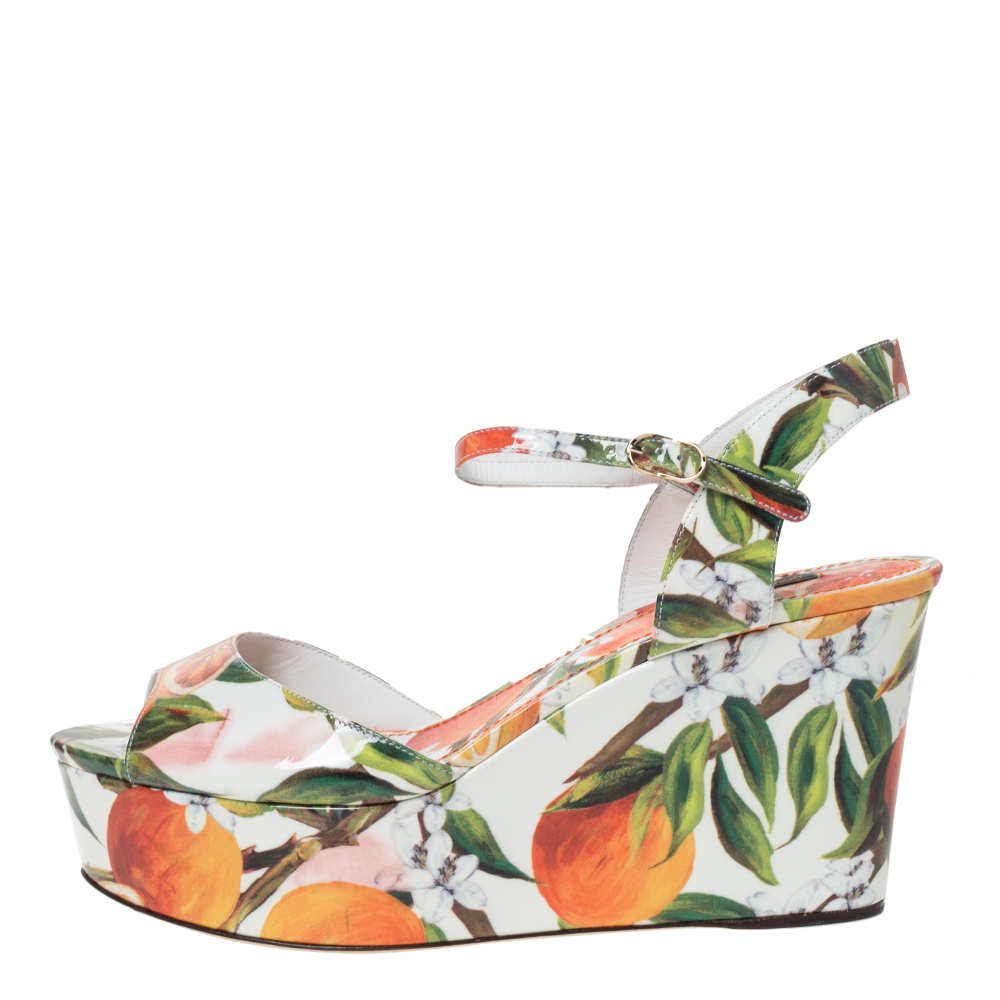 

Dolce & Gabbana Orange Print Patent Leather Ankle Strap Platform Wedge Sandals Size, Multicolor