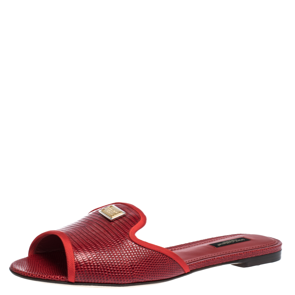 Pre Owned Dolce & Gabbana Red Lizard Embossed Leather Flat Slides Size 38.5