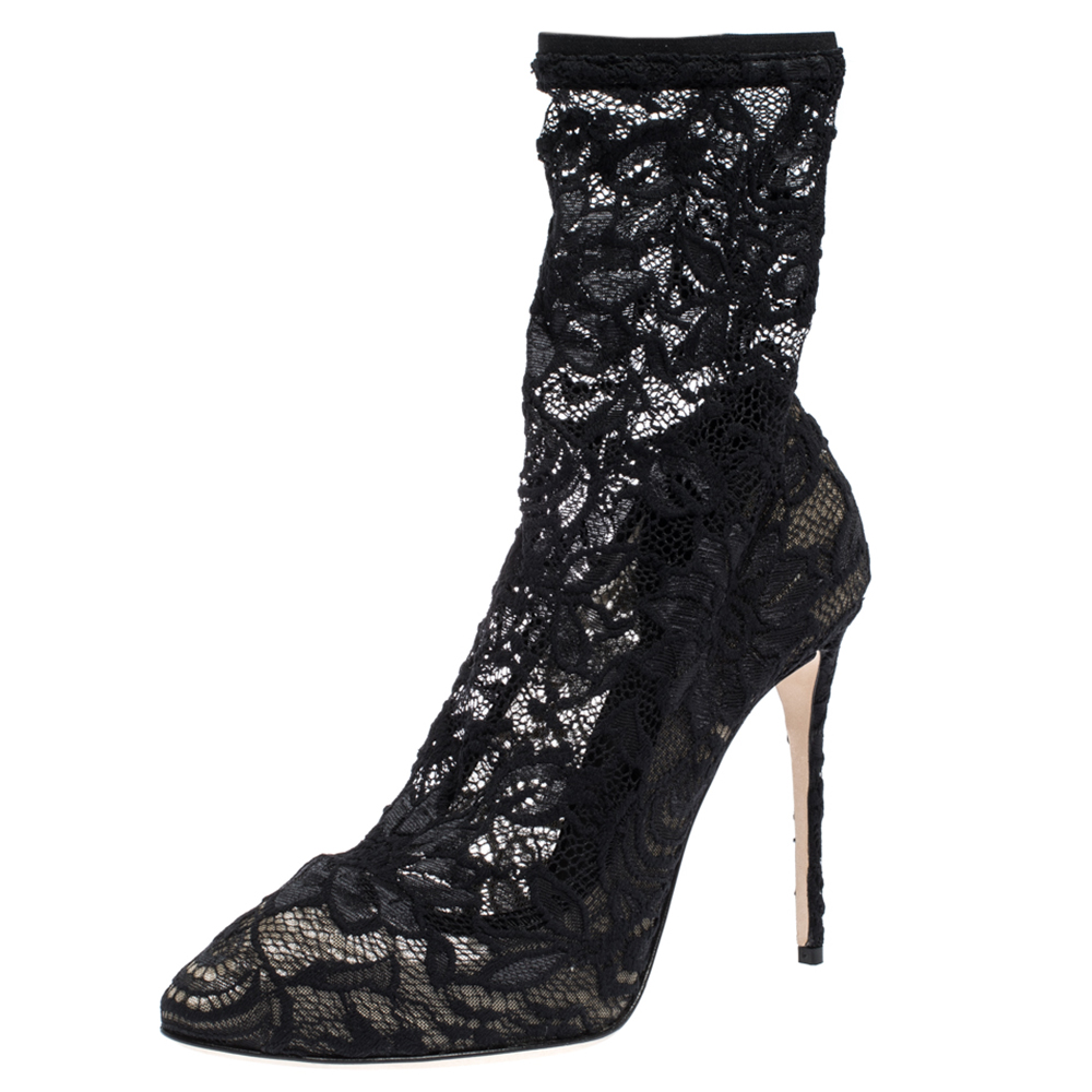 Dolce & Gabbana Black Stretch Lace Pointed Toe Ankle Booties Size 39