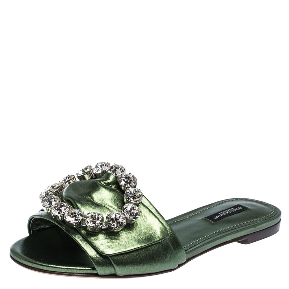 Pre Owned Dolce & Gabbana Green Leather Jeweled Embellished Flat Slides Size 38