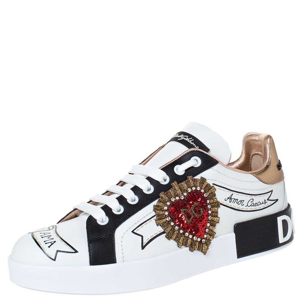 Pre Owned Dolce & Gabbana White Leather Logo Embellished Lace Up Sneakers Size 42