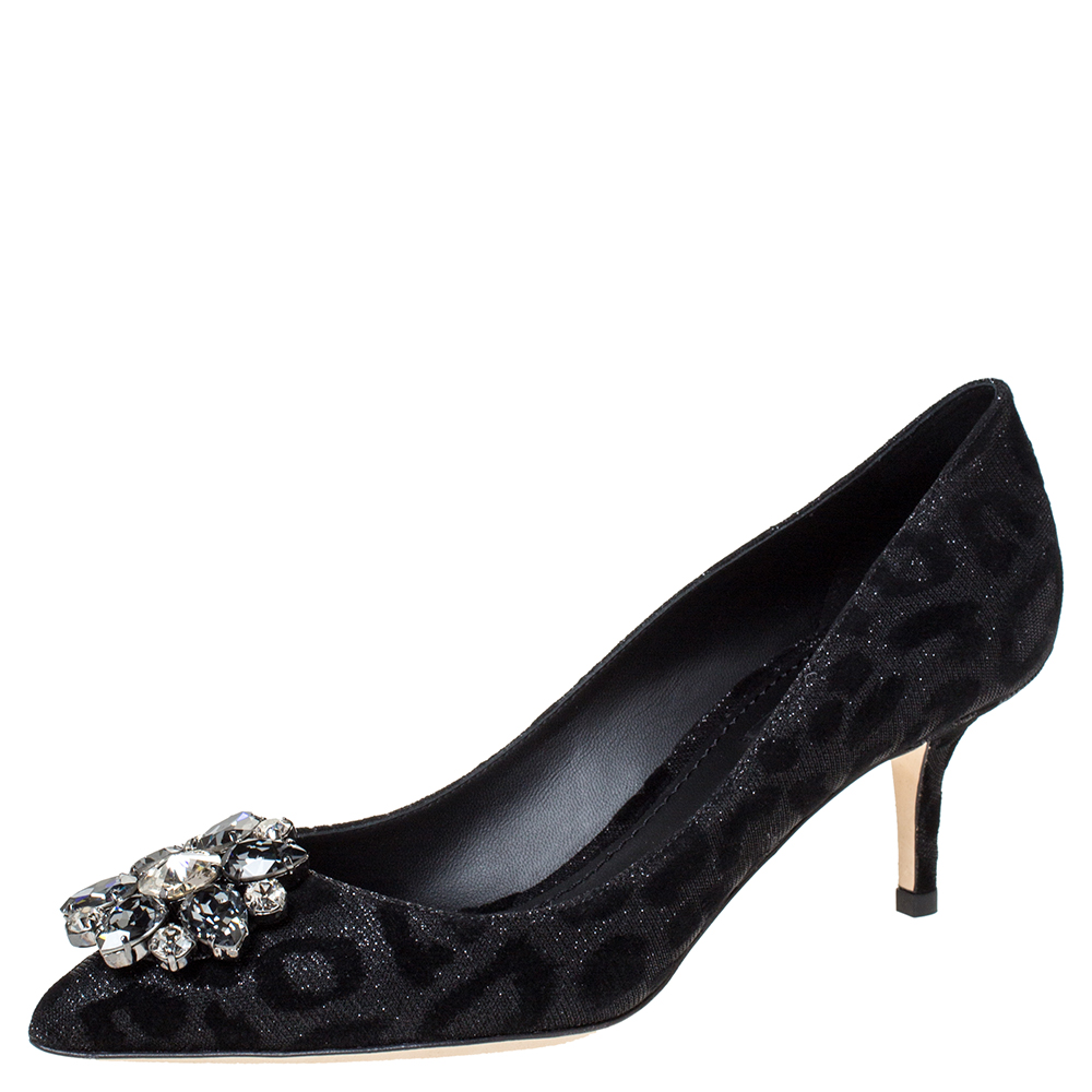 Pre Owned Dolce & Gabbana Black/Grey Leopard Pattern Jeweled Embellishment Pointed Toe Pumps Size 37
