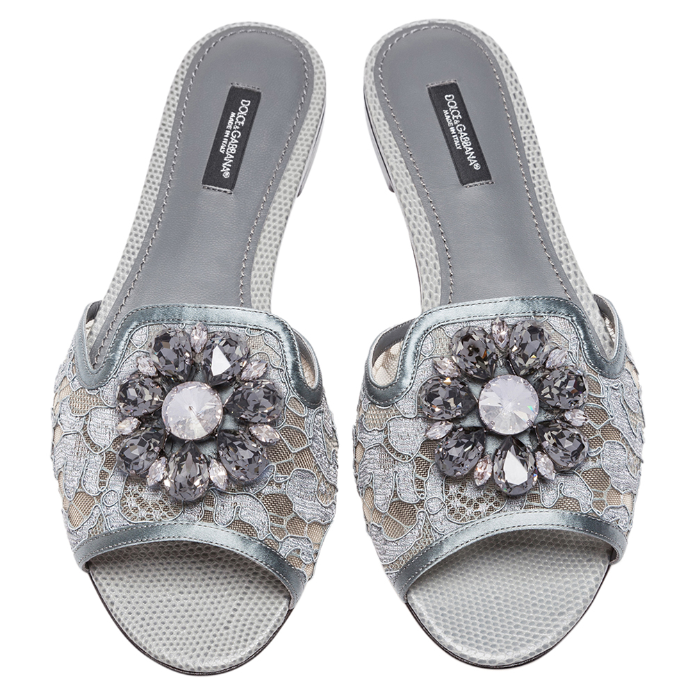 

Dolce & Gabbana Grey Lace Jeweled Embellishment Flat Slides Size