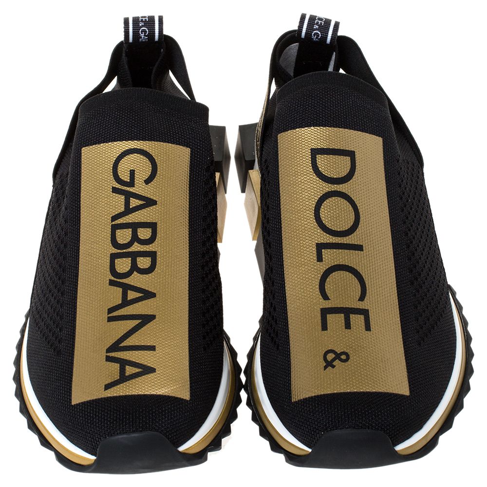 

Dolce & Gabbana Black/Gold Stretch Jersey Logo Print Slip On Sneakers Size