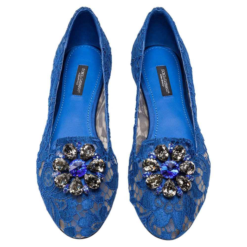 

Dolce & Gabbana Blue Lace Jeweled Embellishment Ballet Flats Size