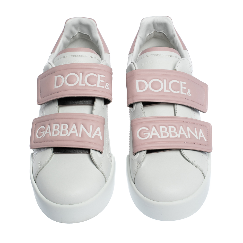 

Dolce & Gabbana White/Pink Leather Logo Velcro Straps Sneakers Size